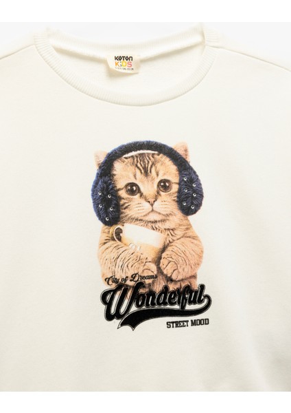 Yeni Sezon Kedi Baskılı Uzun Kollu Crop Sweatshirt modelleri