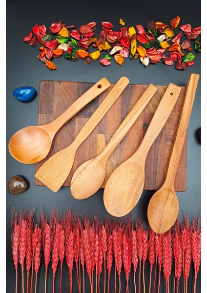 Doğal Kayın Ahşap Mutfak Servis Kepçe Pilav Spatula Kaşık 5 'li Set El Işçiliği Annelere Özel