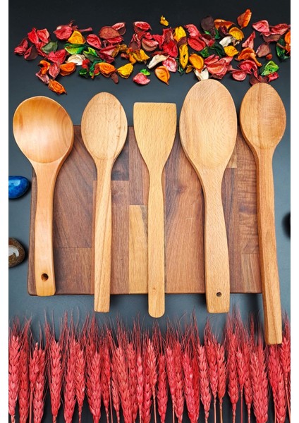 Doğal Kayın Ahşap Mutfak Servis Kepçe Pilav Spatula Kaşık 5 'li Set El Işçiliği Annelere Özel fırsatları