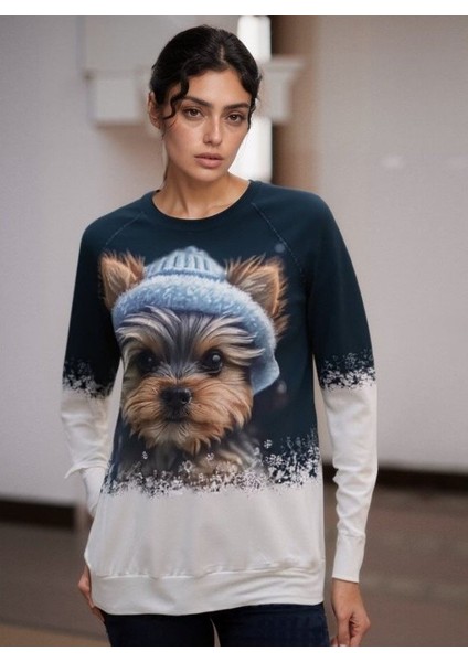 Kadın Uzun Kollu Bisiklet Yaka Köpek Baskılı Şardonlu Dalgıç Bluz