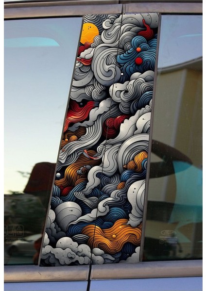 Renkli Bulutlar Baskılı Araç Kapı Direk Kaplama Folyo Sticker 2'li (Sağ&sol)