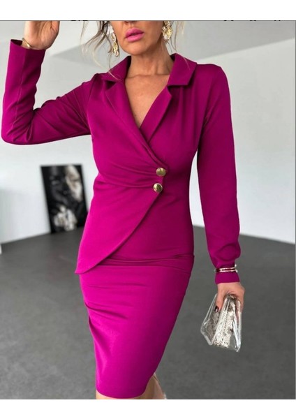 Kadın Ceket Yaka Düğme Detaylı Atlas Kumaş Elbise