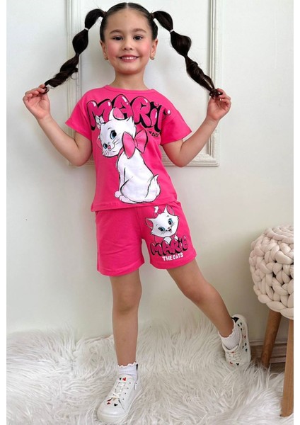 Pjkskt Marie Tatlı Kedicik Desenli Fuşya Şortlu Kız Çocuk Kısa Kol Takım 7623-F