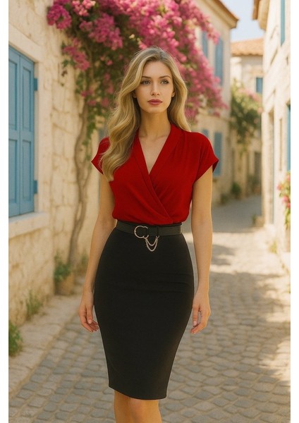 Kadın Kısa Kollu Kruvaze Yaka Krep Elbise (Kemersiz)