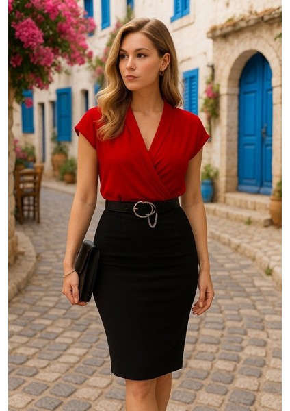 Kadın Kısa Kollu Kruvaze Yaka Krep Elbise (Kemersiz) fiyatları