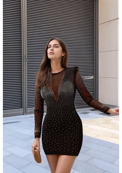 Kadın Uzun Kollu Yuvarlak Yaka Dekolteli Taşlı Dalgıç Elbise fiyatları