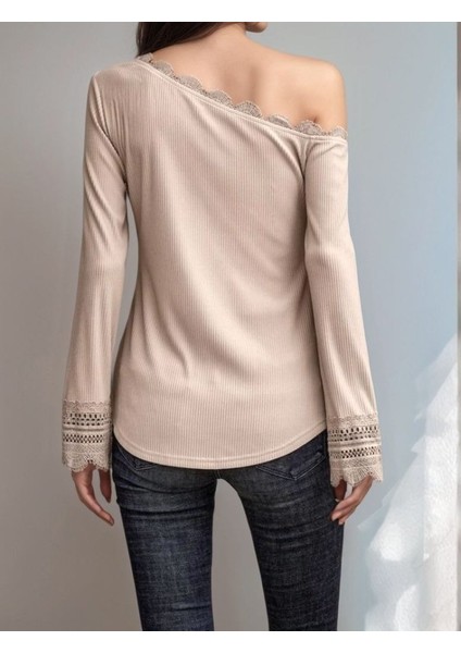 Kadın Uzun Kollu Tek Omuzu Açık Dantelli Burgu Bluz fiyatları