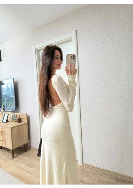 Sırt Dekolteli Uzun Kollu Elbise - Kırık Beyaz fiyatları