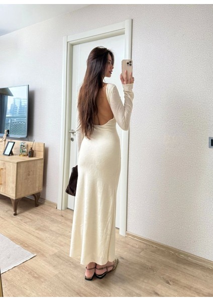 Sırt Dekolteli Uzun Kollu Elbise - Kırık Beyaz modelleri