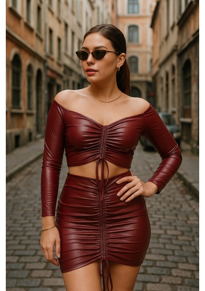 Kadın Büzgülü Deri Etek Takım Fırsat Ürün