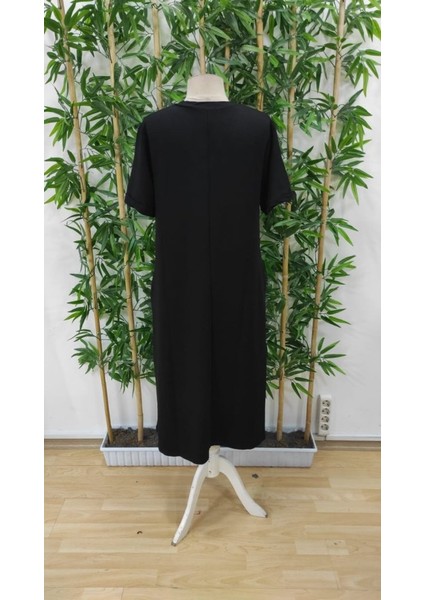 Kadın Kısa Kollu V Yakalı Cep Detaylı Uzun Viskon Iki Iplik Elbise