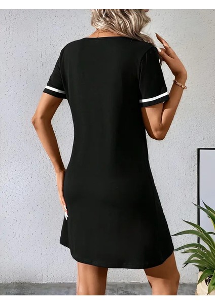 Kadın Kısa Kollu V Çizgili Yakalı Kısa Viskon Elbise
