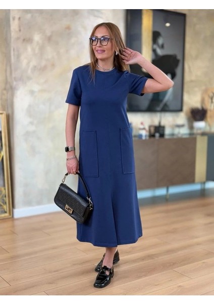 Kadın Kısa Kollu Bisiklet Yakalı Cepli Önden Yırtmaçlı Viskon Iki Iplik Midi Elbise fiyatları