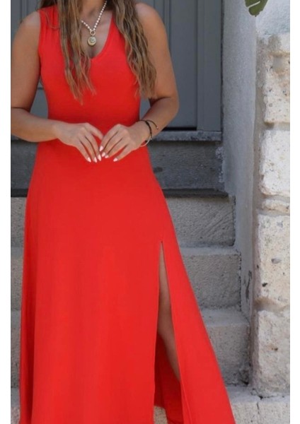 Kadın Askılı V Yakalı Yırtmaçlı Viskon Elbise fiyatları