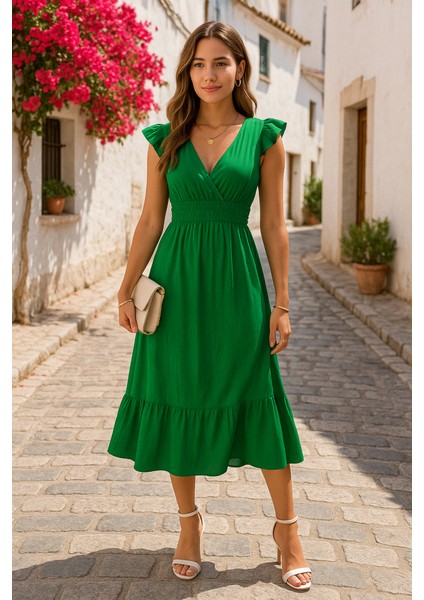 Kadın Kısa Kollu Kruvaze Yakalı Beli Lastikli Müslim Elbise