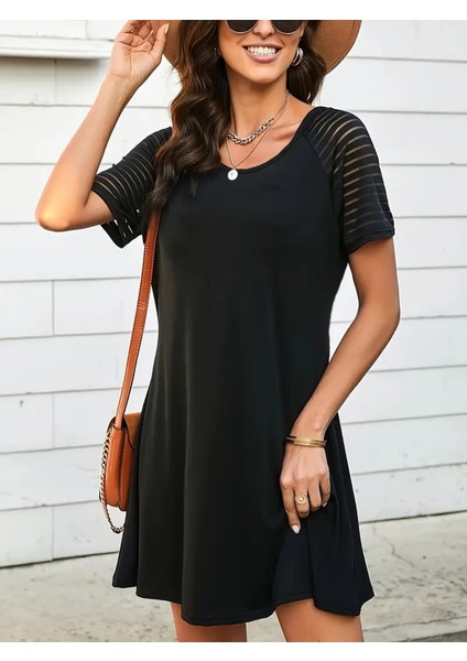 Kadın Kısa Kollu Yuvarlak Yaka Şerit Kol Detaylı Viskon Elbise