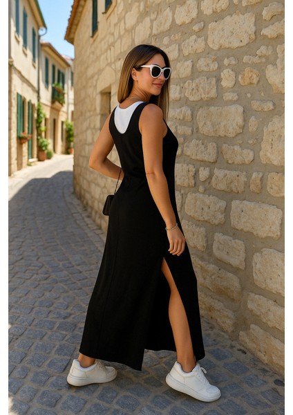 Kadın Yırtmaç Detaylı Viskon Kumaş Maxi Boy Cepli Iç Dahil Ikili Elbise fiyatları
