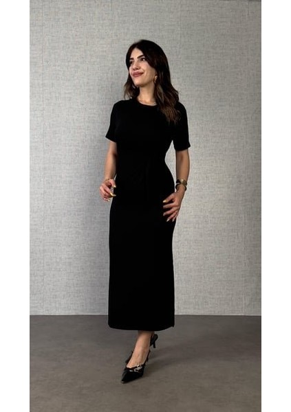 Kadın Kısa Kollu Bisiklet Yaka Yandan Bağlamalı Viskon Iki Iplik Elbise