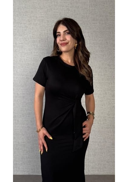 Kadın Kısa Kollu Bisiklet Yaka Yandan Bağlamalı Viskon Iki Iplik Elbise modelleri