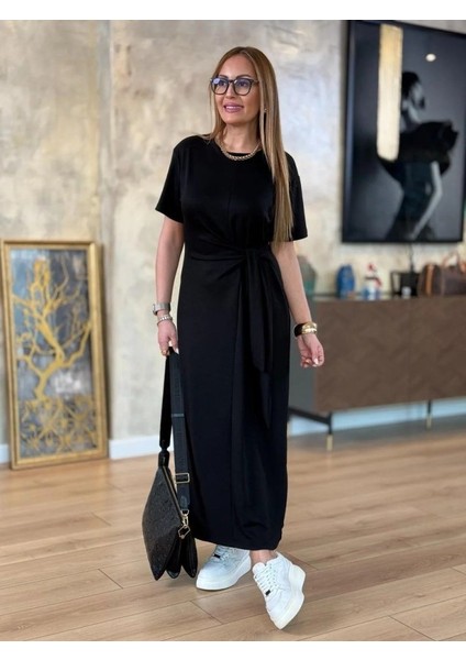 Kadın Kısa Kollu Bisiklet Yaka Yandan Bağlamalı Viskon Iki Iplik Elbise indirimleri