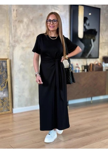 Kadın Kısa Kollu Bisiklet Yaka Yandan Bağlamalı Viskon Iki Iplik Elbise
