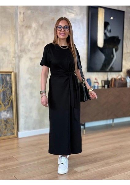 Kadın Kısa Kollu Bisiklet Yaka Yandan Bağlamalı Viskon Iki Iplik Elbise