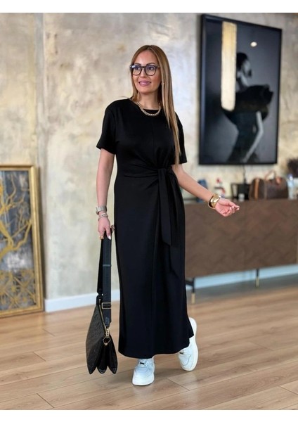 Kadın Kısa Kollu Bisiklet Yaka Yandan Bağlamalı Viskon Iki Iplik Elbise