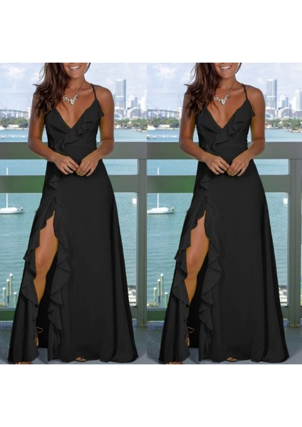 Kadın Ip Askılı Dekolteli Yırtmaç Detay Krep Elbise fiyatları