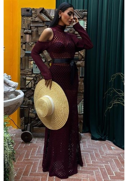 Saten Kuşaklı Ajurlu Triko Elbise 2847