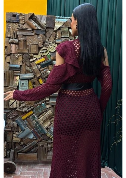 Saten Kuşaklı Ajurlu Triko Elbise 2847