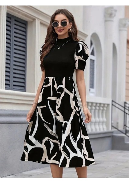 Kadın Kısa Kollu Yarı Balıkçı Yaka Üst Viskon Alt Desenli Dokuma Midi Elbise