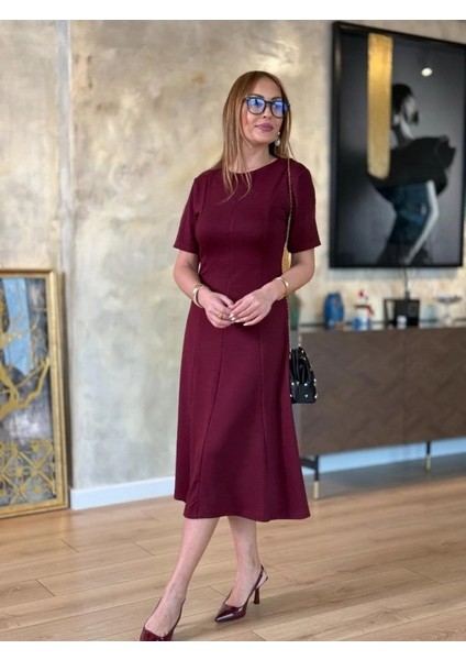Kadın Kısa Kollu Bisiklet Yaka Midi Viskon Iki Iplik Elbise fırsatları