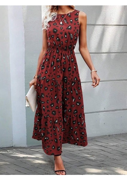 Kadın Kolsuz Bisiklet Yaka Beli Lastikli Desenli Süprem Elbise modelleri