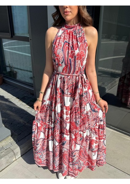 Kadın Halter Yakalı Omuzlardan Açık Kuşaklı Maksi Boy Desenli Süprem Elbise fiyatları