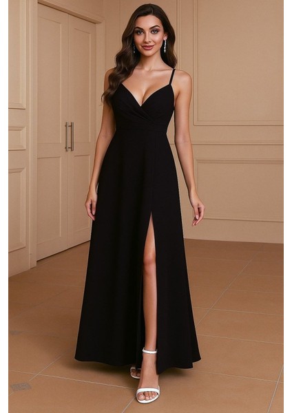 Kadın Ip Askılı Kruvaze Yakalı Derin Dekolteli Yırtmaçlı Ithal Krep Elbise