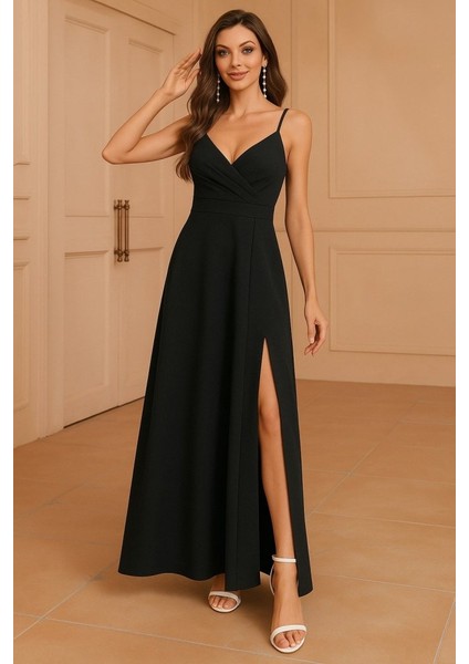 Kadın Ip Askılı Kruvaze Yakalı Derin Dekolteli Yırtmaçlı Ithal Krep Elbise fiyatları