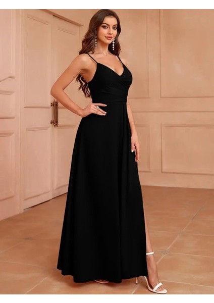 Kadın Ip Askılı Kruvaze Yakalı Derin Dekolteli Yırtmaçlı Ithal Krep Elbise modelleri