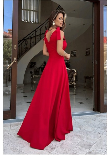 Kadın Askılı Omuzdan Bağlamalı Kruvaze Yakalı Uzun Yırtmaçlı Janjan Krep Elbise fiyatları