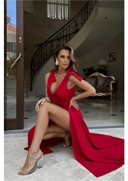 Kadın Askılı Omuzdan Bağlamalı Kruvaze Yakalı Uzun Yırtmaçlı Janjan Krep Elbise fırsatları