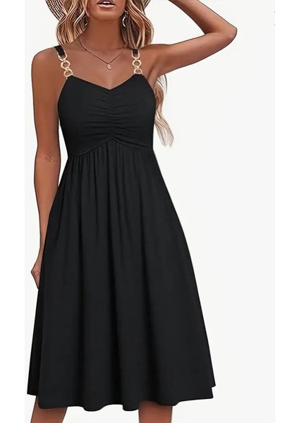 Kadın Ip Askılı V Yakalı Kısa Viskon Elbise indirimleri