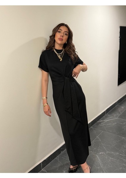 Kadın Kısa Kollu Bisiklet Yaka Yandan Bağlamalı Viskon Iki Iplik Elbise