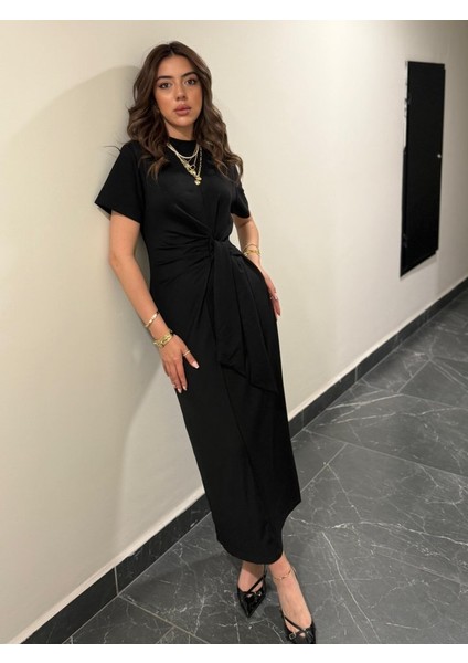 Kadın Kısa Kollu Bisiklet Yaka Yandan Bağlamalı Viskon Iki Iplik Elbise fiyatları