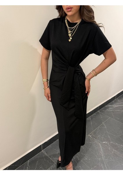 Kadın Kısa Kollu Bisiklet Yaka Yandan Bağlamalı Viskon Iki Iplik Elbise modelleri