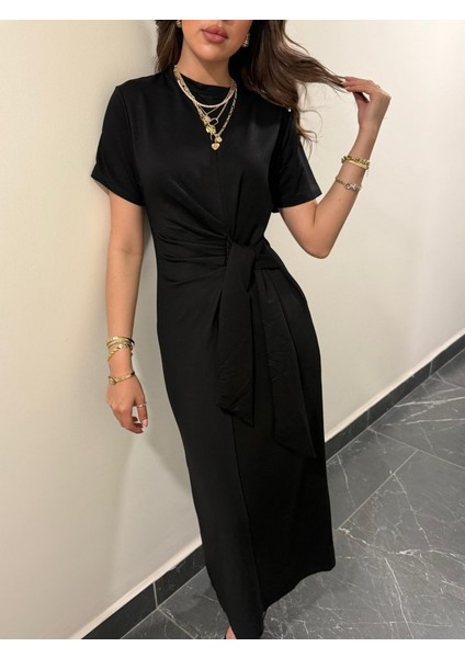 Kadın Kısa Kollu Bisiklet Yaka Yandan Bağlamalı Viskon Iki Iplik Elbise fırsatları