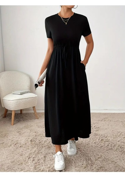 Kadın Kısa Kollu Bisiklet Yaka Belden Bağcıklı Cepli Viskon Elbise indirimleri