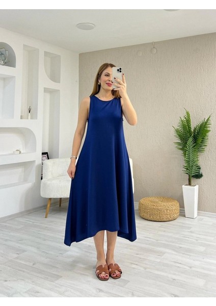 Kadın Askılı Yuvarlak Yakalı Asimetrik Kesim Detaylı Viskon Elbise