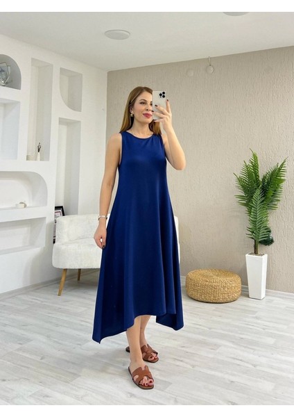 Kadın Askılı Yuvarlak Yakalı Asimetrik Kesim Detaylı Viskon Elbise modelleri