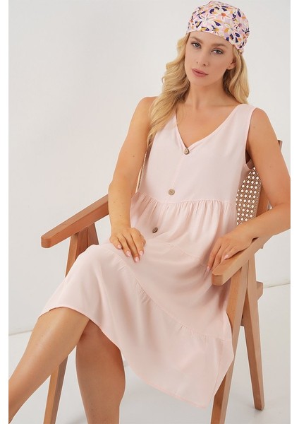 Sıfır Kol Düğmeli Kısa Elbise 2571 - Pudra fiyatları