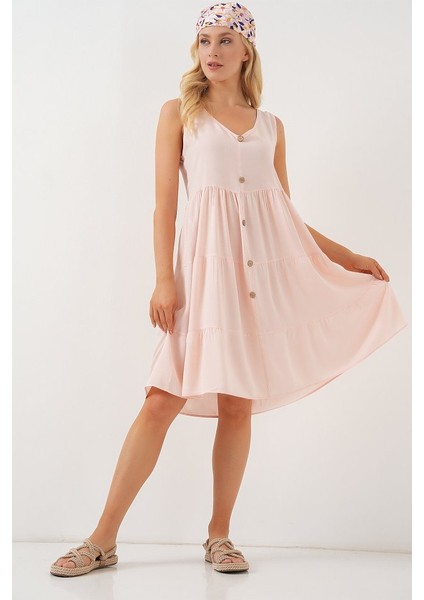 Sıfır Kol Düğmeli Kısa Elbise 2571 - Pudra modelleri