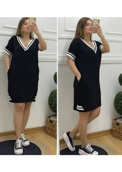 Kadın Kısa Kollu V Yaka Ribana Detaylı Cepli Dizüstü Viskon Elbise
